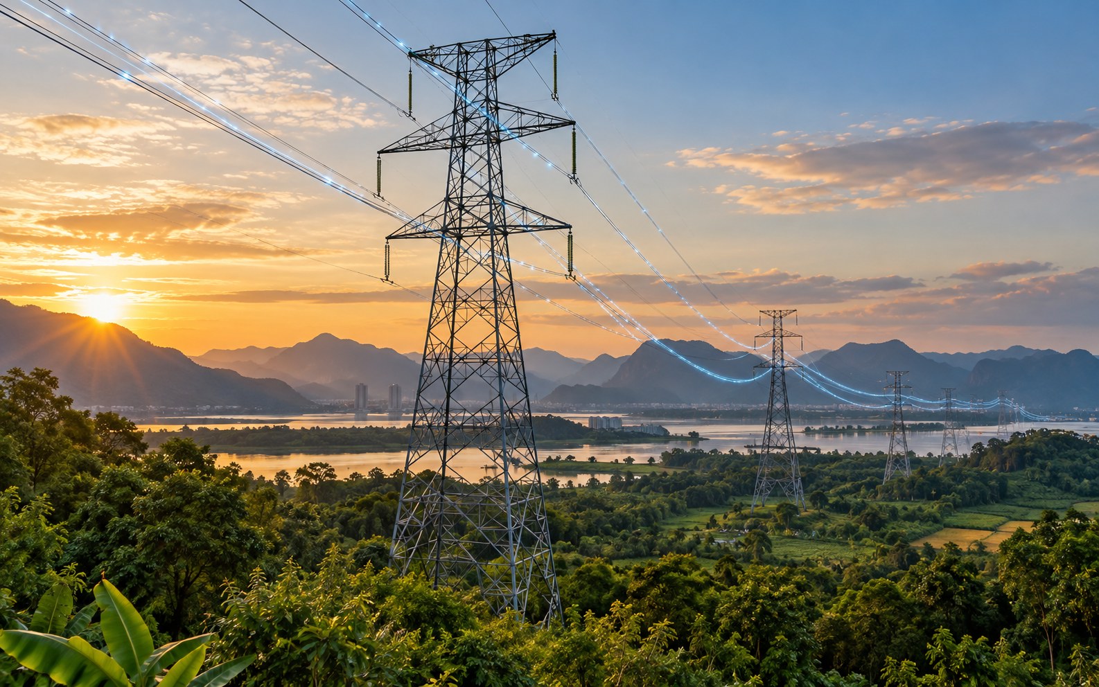 Electricity transmission infrastructure at sunset