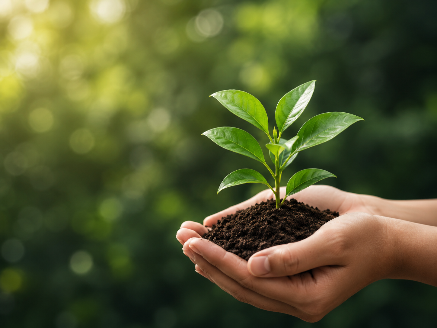 Hands holding a young seedling